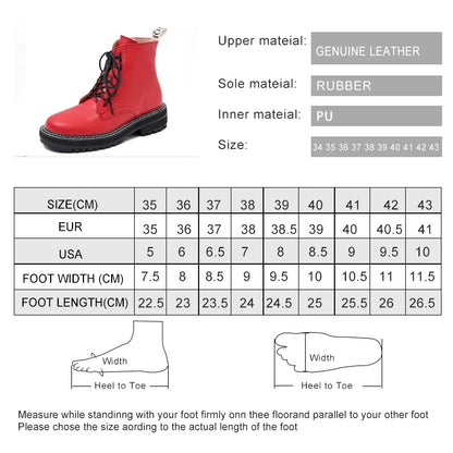 Größentabelle mit Fußlängen- und Breitenangaben für rote Stiefeletten