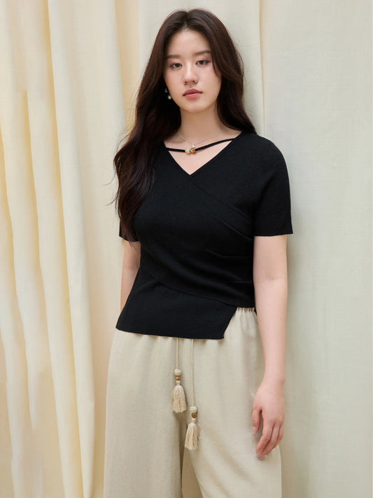 Kurzarm-Bluse mit Spitzenbesatz und Hohldesign für Damen – ideal für den Sommer und den Büroalltag