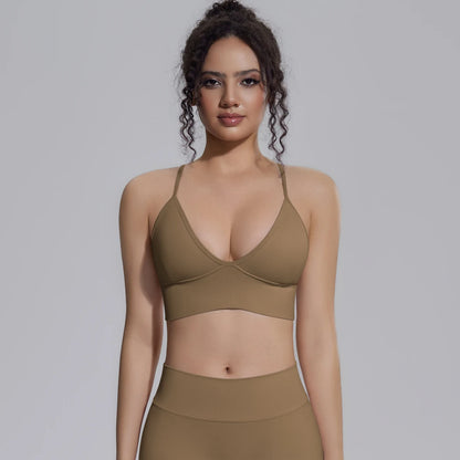 Gepolsterter Damen Sport-BH für Yoga, atmungsaktiv, hellbraun mit Soft-Cups
