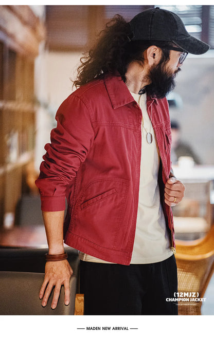 Herren Jacke Bestickte Slim-Fit Canvas Revers Mantel Zip-Up Casual
