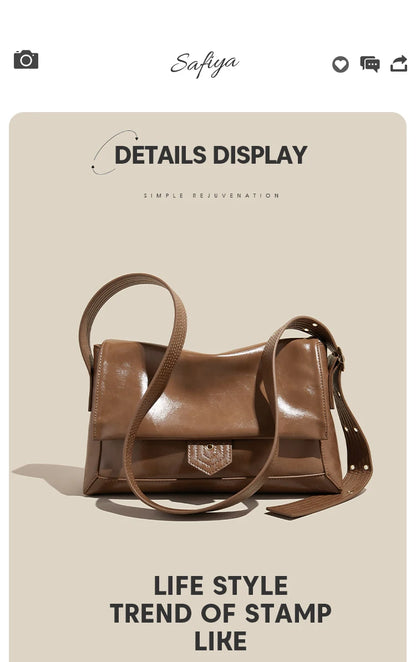 Damen Schultertasche aus Spaltleder und PU im Retro-Stil