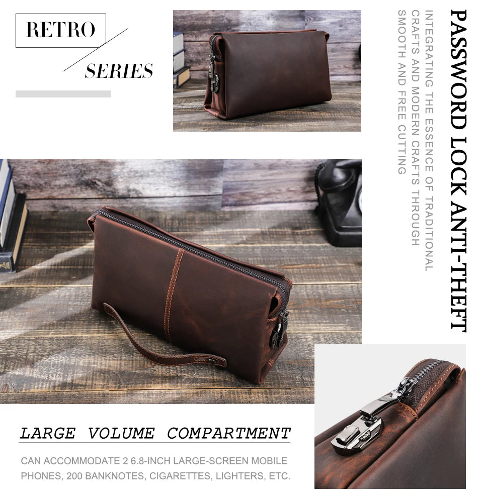 Braune Leder-Clutch mit Reißverschluss und geräumigem Innenfach