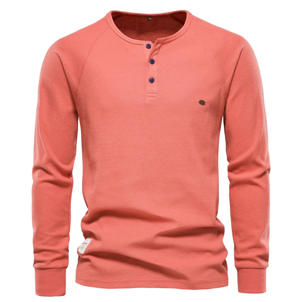 Herren Langarm Waffel Henley T-Shirt in fester Farbe für den Herbst