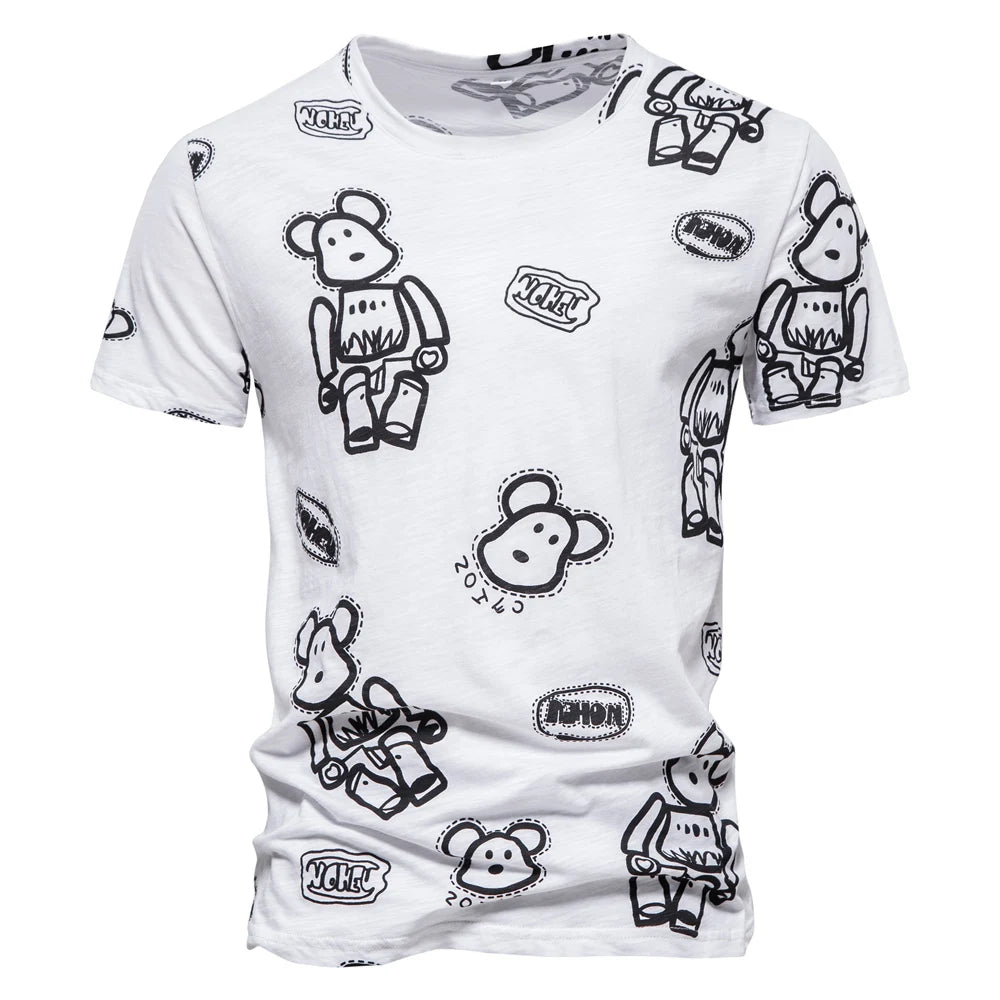 Herren-T-Shirt aus Baumwolle, weiß mit schwarzem Bären-Comicprint und kurzen Ärmeln