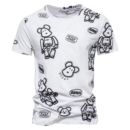 Herren-T-Shirt mit Rundhals, weiß mit schwarzen Tier-/Comic-Bärchenprints