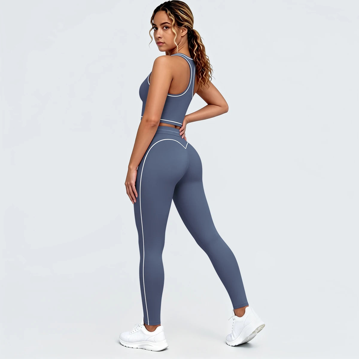 Yoga-Set in Blau-Grau: Sport-BH mit Brustpolstern, Leggings mit Kontraststreifen