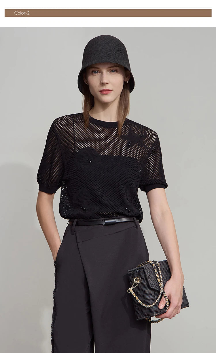 Damen Top im minimalistischen Ozean-Stil mit Perlenbesatz und durchbohrten Löchern