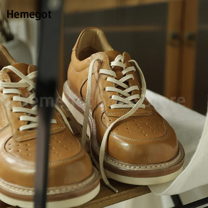 Round Toe Thick Soled Board Shoes Retro Genuine Leather Wear-Resistant Breathable Solid Color Casual Shoes Handmade Men's Shoes