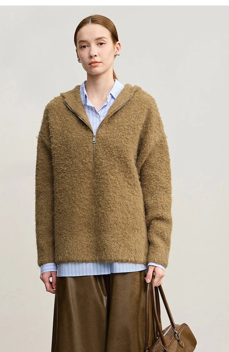Damen-Kapuzenpullover Wolle Reißverschluss locker dick warm Winter
