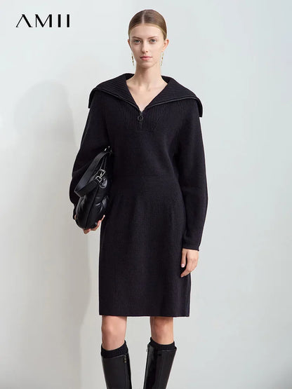 Casual Strickkleid Mit Reißverschluss Und Stretch Für Damen