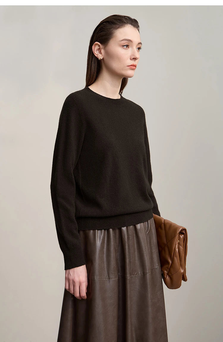 Damenpullover mit Rundhalsausschnitt, lange Ärmel, dunkler brauner Strick