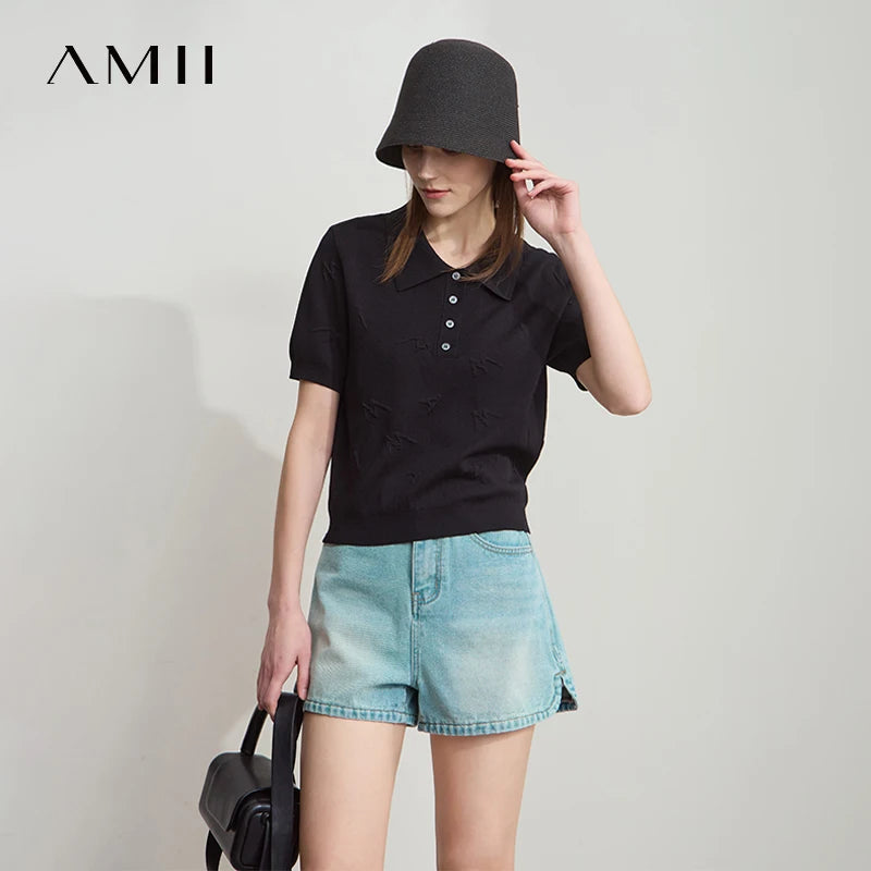 Damen-POLO-Strickpullover mit Kurzarm, schwarz, Knopfleiste, dezente Struktur
