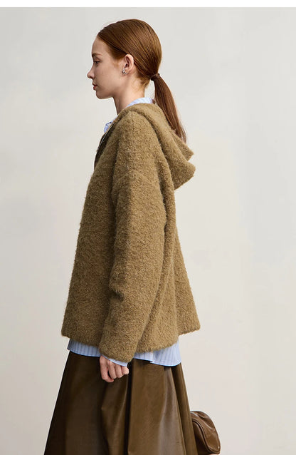 Damen-Kapuzenpullover Wolle Reißverschluss locker dick warm Winter