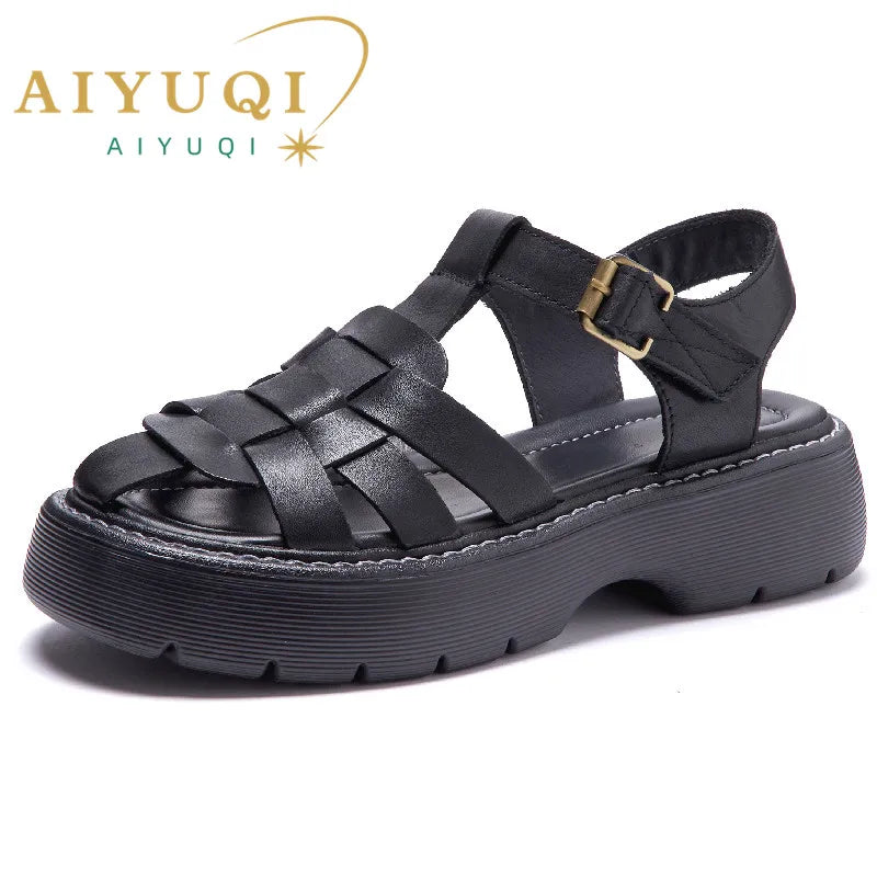 AIYUQI Sandalen Frauen Sommer 2025, Neue Echtes Leder Baotou Römischen Sandalen Damen Retro Hohl Gewebt Frauen Sandalen
