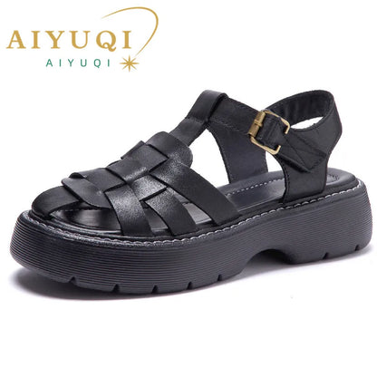 AIYUQI Sandalen Frauen Sommer 2025, Neue Echtes Leder Baotou Römischen Sandalen Damen Retro Hohl Gewebt Frauen Sandalen