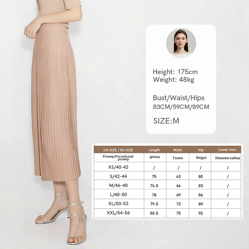 Damen-Faltenrock mit elastischem Bund, midi-lang, apricotfarben, gerade Silhouette mit Falten