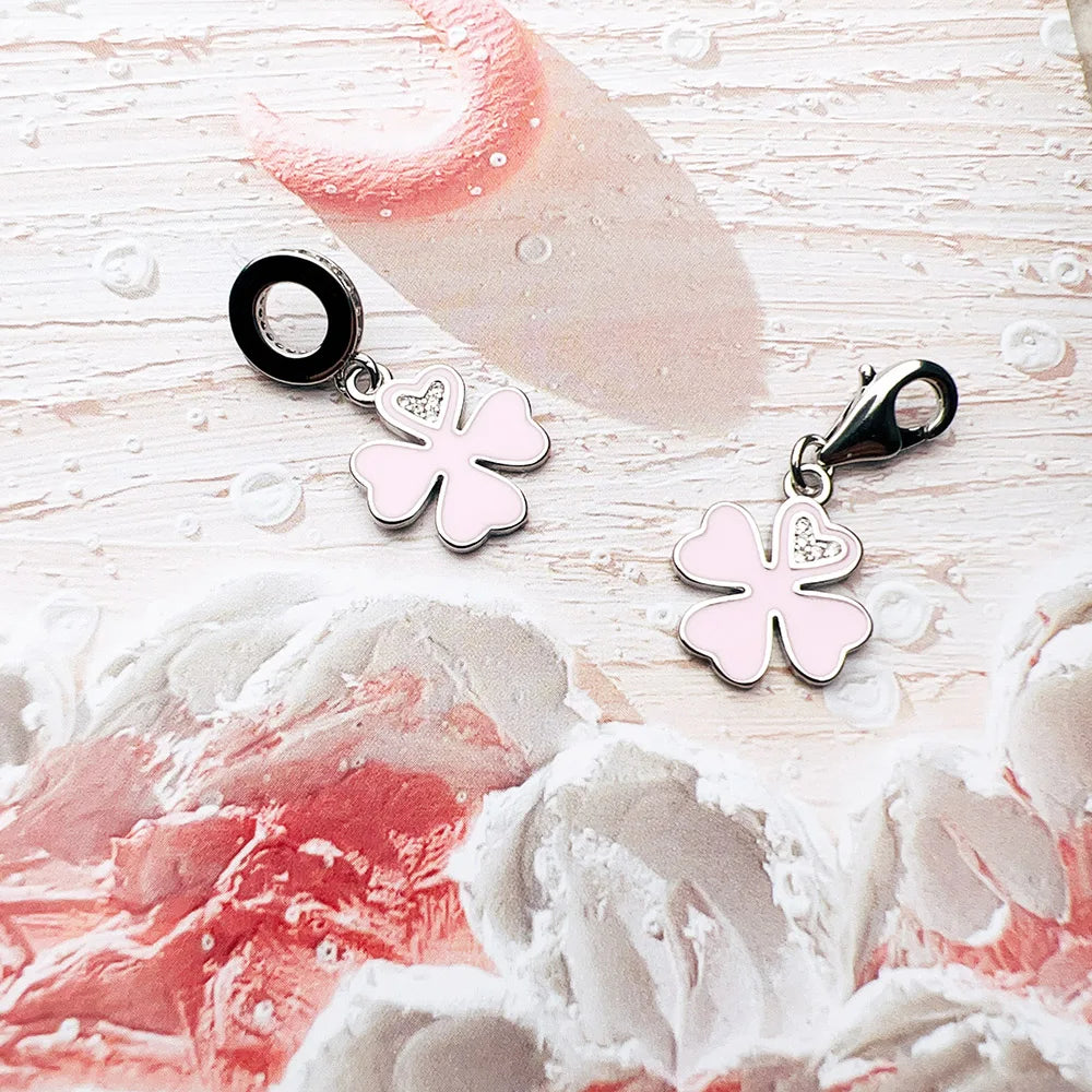 Damen-Charm-Anhänger rosa Kleeblatt weißer Stein Glück aus Sterlingsilber