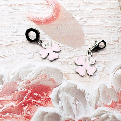 Damen-Charm-Anhänger rosa Kleeblatt weißer Stein Glück aus Sterlingsilber