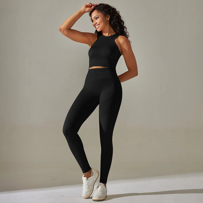 Nahtloses Sportset mit Top und Leggings, schwarz, Racerback, figurbetont