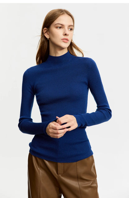 Damen-Rollkragenpullover 100 % Wolle Slim Fit elastisch Winter