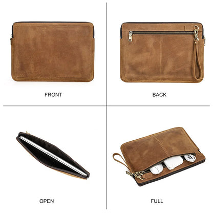 Braune Leder-Laptoptasche, Front und Rückseite, geöffnet mit Reißverschlussfächern