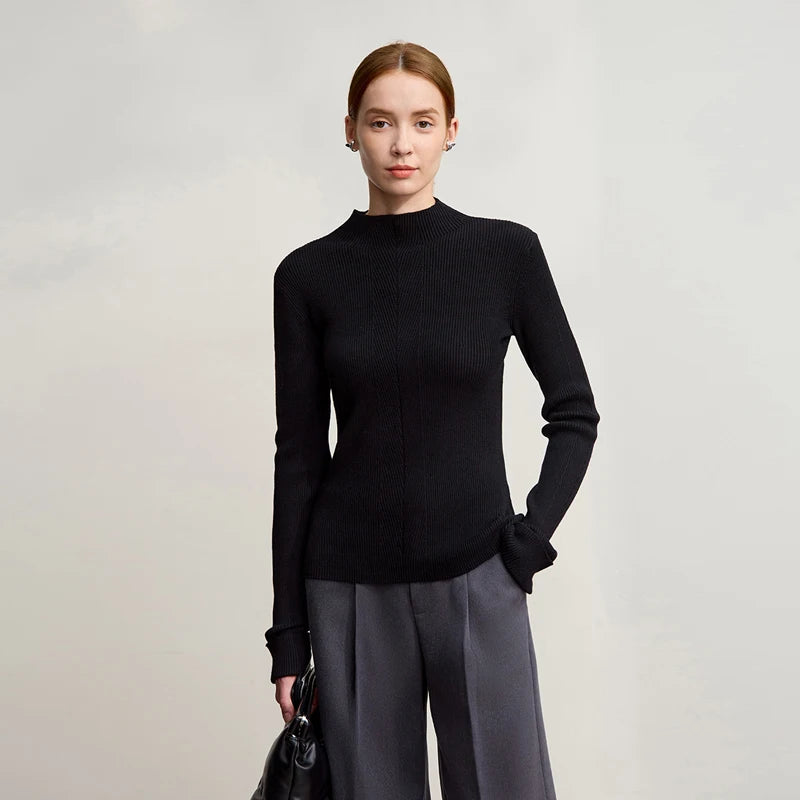 Damen-Pullover mit Stehkragen, gerippter Feinstrick, langärmlig, schwarz