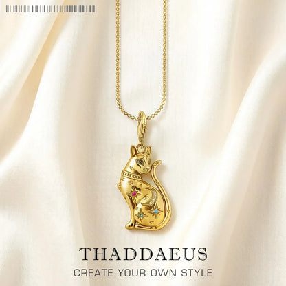 Goldene Halskette mit Anhänger: Katze mit Stern, feine Gliederkette, goldfarben