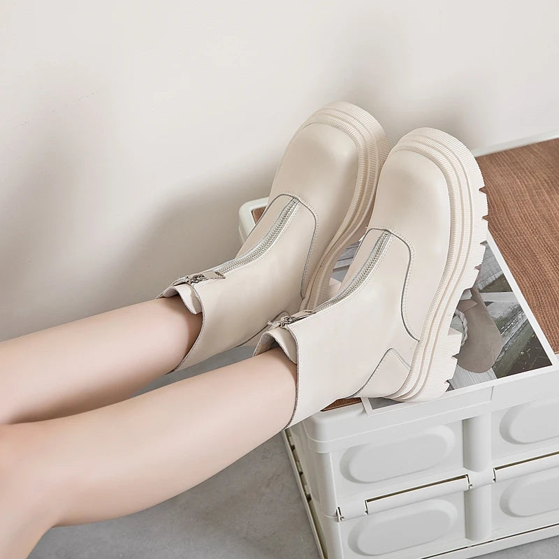 Beige Damen-Chelsea-Stiefeletten mit Reißverschluss, gepolstertem Schaft und Profilsohle