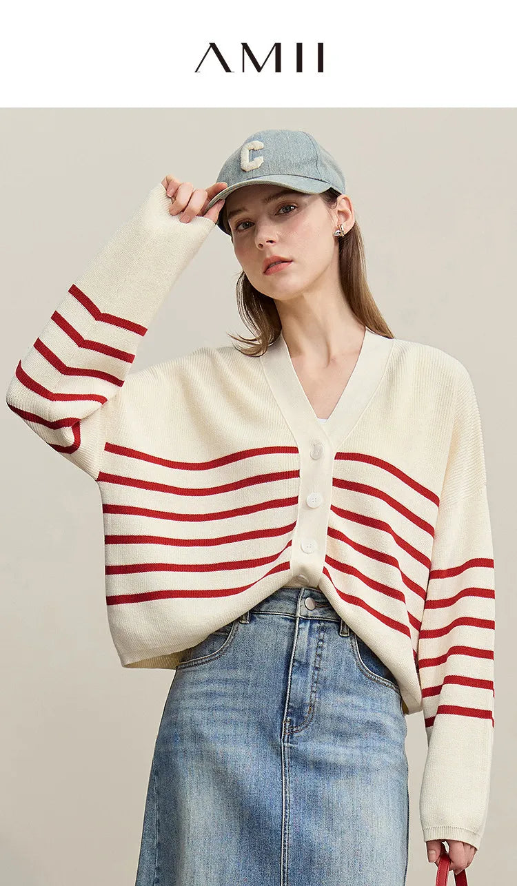 Damen-Strickjacke Baumwolle V-Ausschnitt Kontraststreifen kurz Raglan Frühling