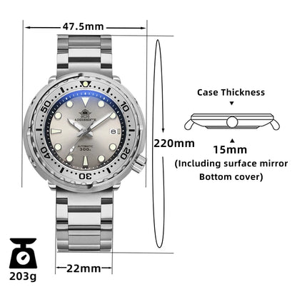 Herren-Luxus-Tuna-Taucheruhr mit Saphirglas und 300 m Tiefe