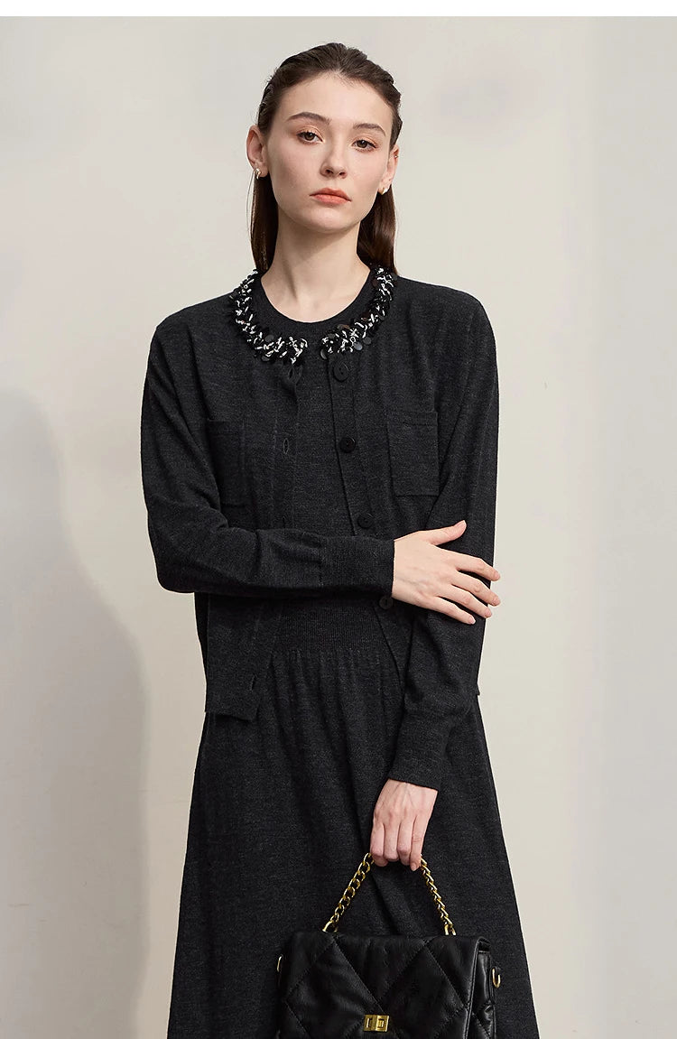 Damen-Strickjacke ärmellos lang Rundhals einfarbig elegant Herbst
