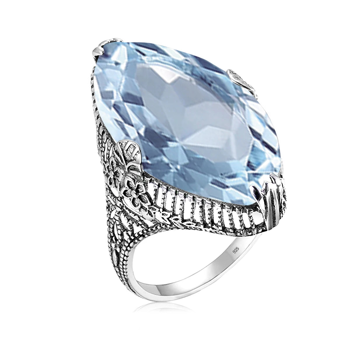Damenring aus 925 Silber mit hellblauem, facettiertem Edelstein und Zierring