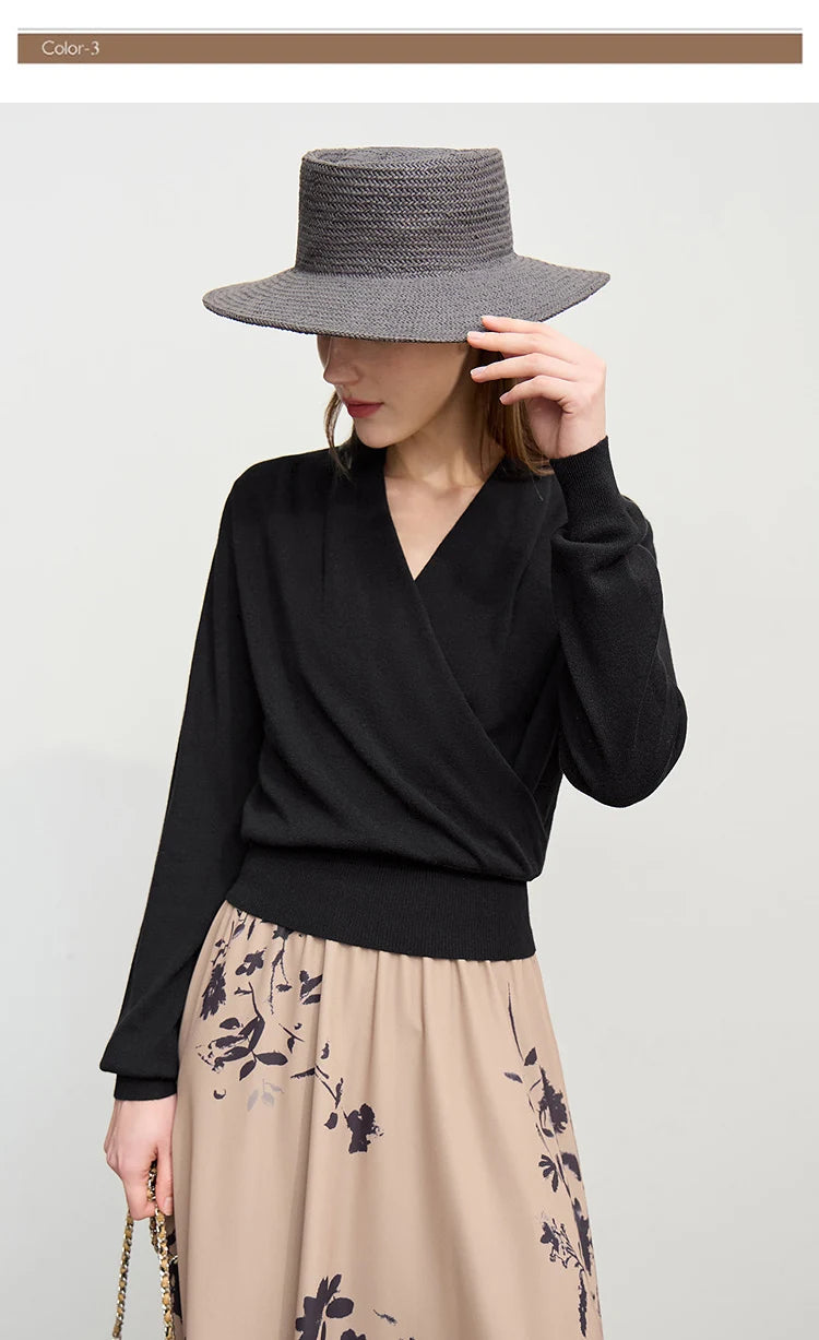 Damen-Strickpullover mit V-Ausschnitt, langarm, schwarz, Wickeloptik