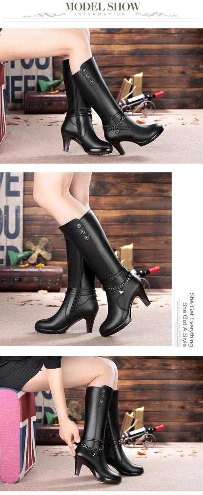 AIYUQI Female winter shoes Woman boots high-heeled Genuine Leather motorcycle boots thick wool warm winter boots riding Boot