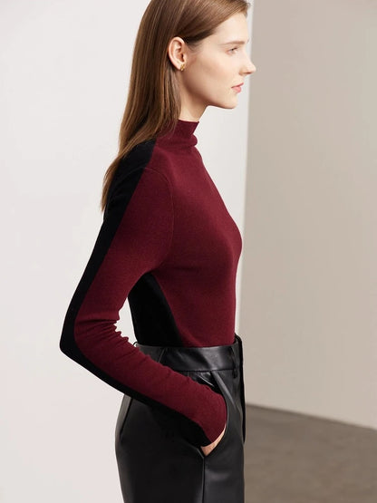 Damen-Halbrollkragen-Pullover Slim Patchwork Wolle-Mix Herbst-Winter
