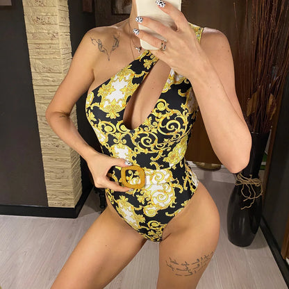 Damen Badeanzug One-Shoulder bedruckt Monokini gepolstert Einteiler