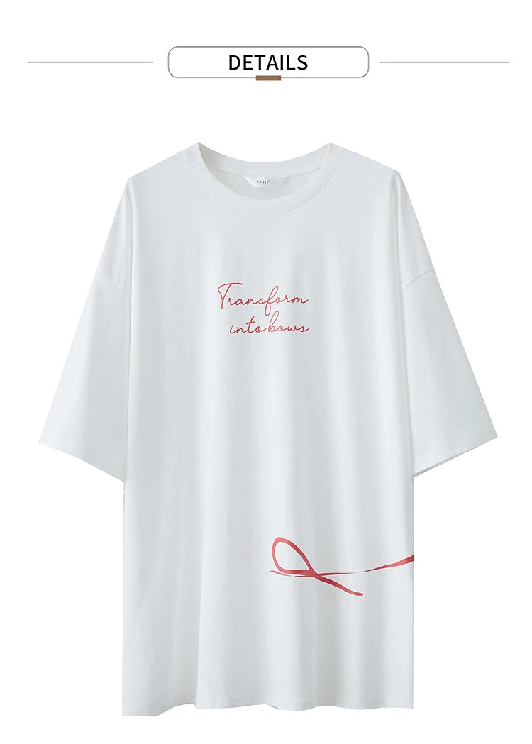 Damen T-Shirt aus ultraloch Stretch-Baumwolle mit Buchstaben-Bowknot-Aufdruck