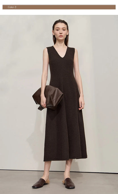 Damen V-Ausschnitt Strickkleid A-Linie ärmellos Herbst-Winter
