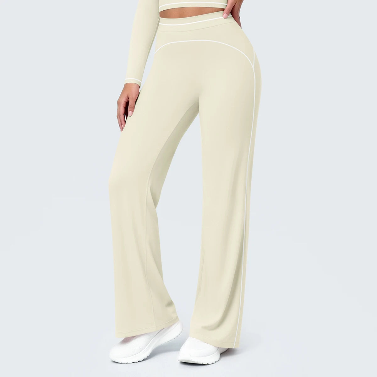 Yoga-Hose für Frauen mit weiter Passform, hellbeige, hoher Bund und weißem Zierstreifen