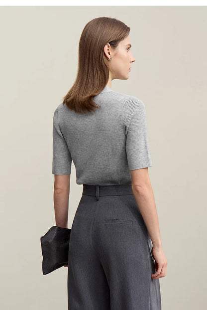 Damen V-Ausschnitt Pullover Wolle-Mix Halbarm Slim Frühling-Herbst
