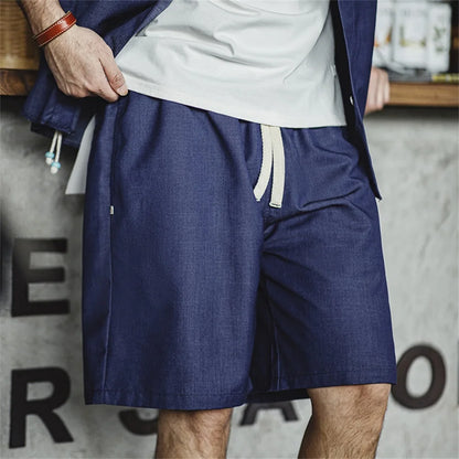 Herren Shorts im Retro-Stil aus gewaschenem Denim mit elastischem Bund und Kordelzug