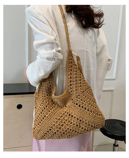 Damen Tote Bag Beach Woven Travel Shoulder Crossbody Purse