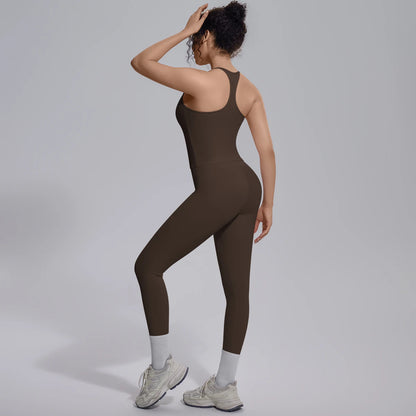 Damen-Yoga-Set aus Stretchstoff, braun, ärmellos mit Racerback und Leggings
