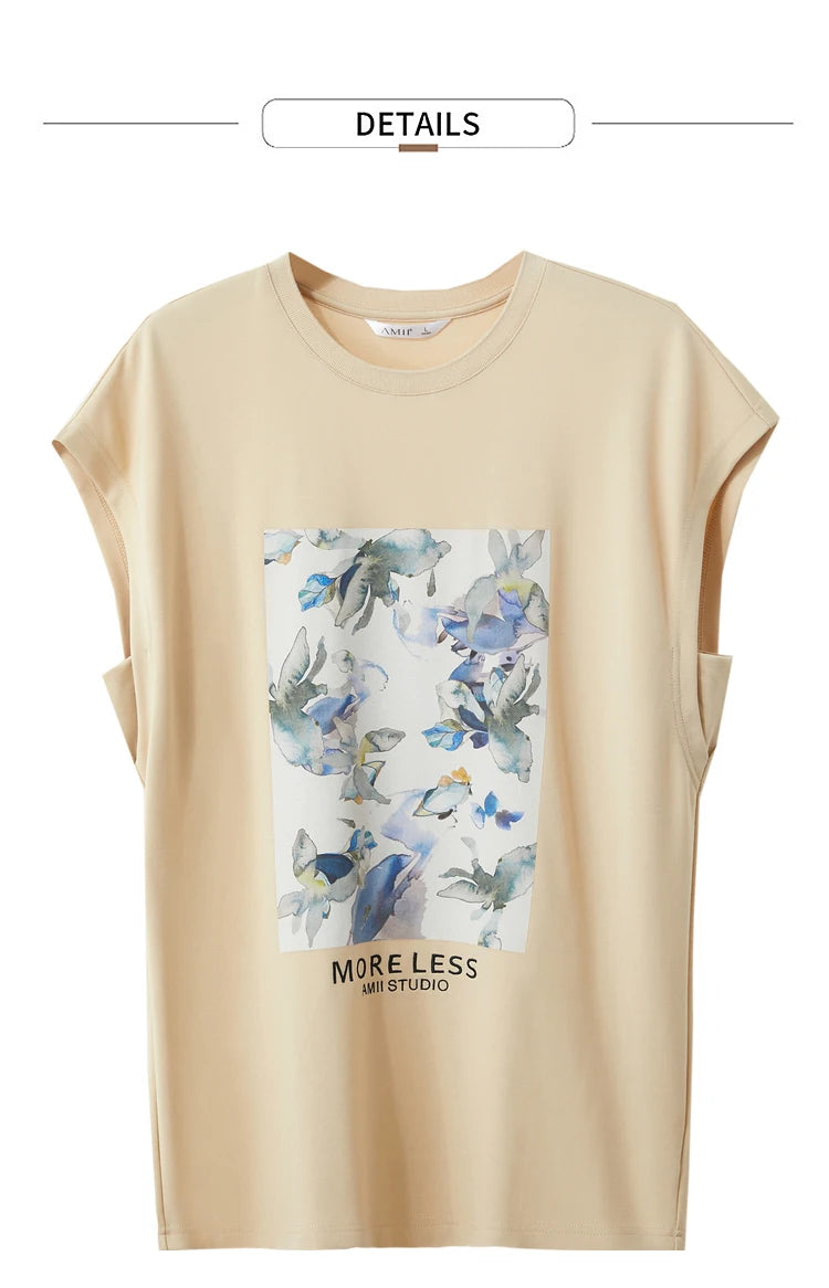 Damen T-Shirts im Minimalismus-Stil mit lässigem O-Neck und Blumen-Druck