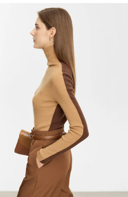 Damen-Rollkragenpullover 100 % Wolle Farbkontrast Slim Fit Frühling