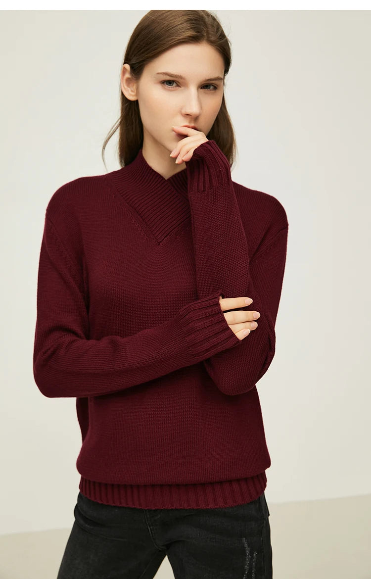 Damen-Strickpullover mit Stehkragen, weinroter Ton, langarm, locker