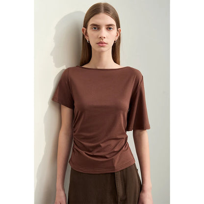 Damen T-Shirt im Minimalismus-Stil mit asymmetrischem Slash Neck und Raffen