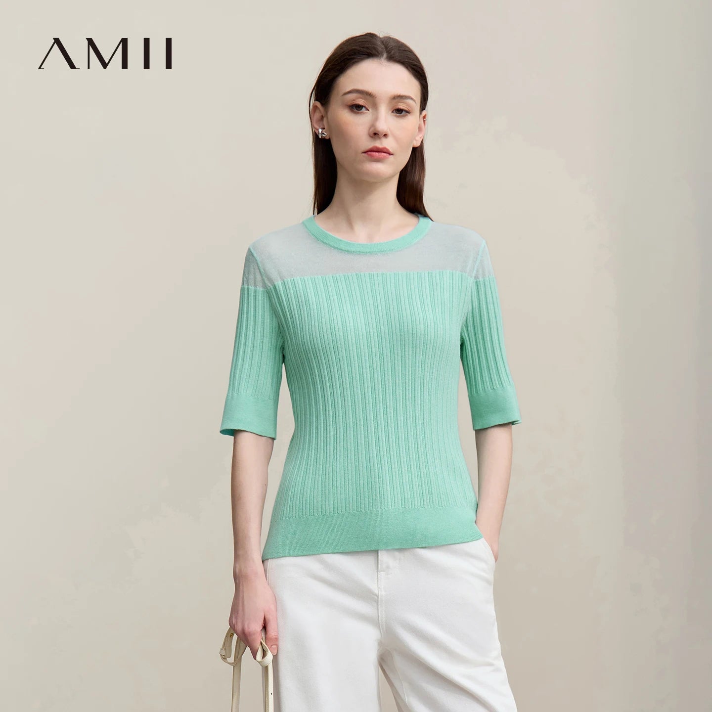 Damen-Stricktop mit Rundhalsausschnitt, halbe Ärmel, mintgrün mit gerippter Optik
