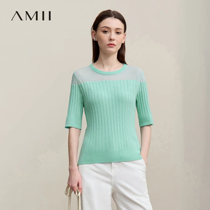 Damen-Stricktop mit Rundhalsausschnitt, halbe Ärmel, mintgrün mit gerippter Optik