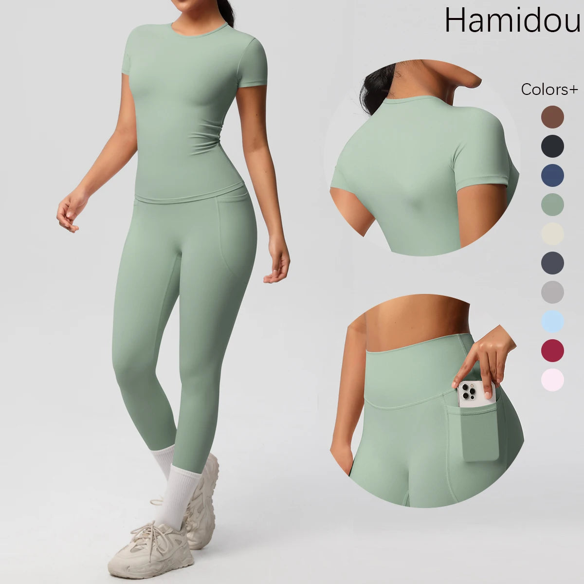 Yogaanzug (2-teilig) in Salbeigrün: enges T-Shirt und Leggings, Rückansicht